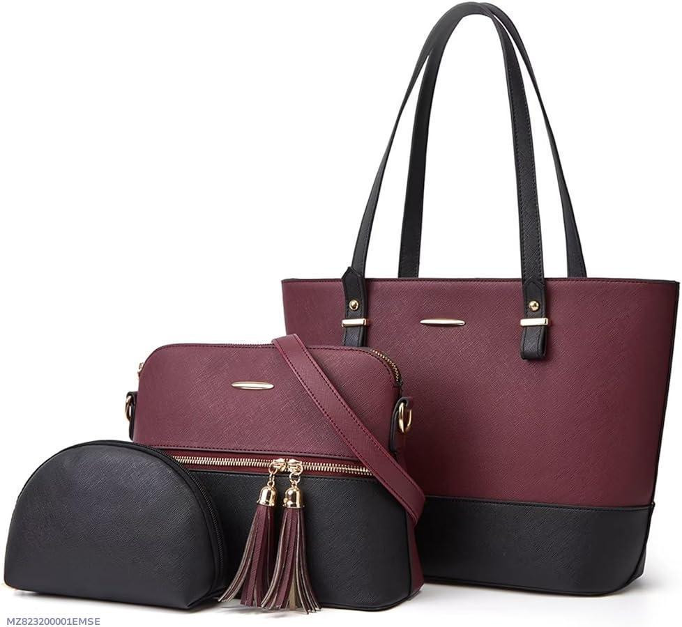 Elegant Maroon Textured PU Leather Handbag Set for Women – 3 Pieces